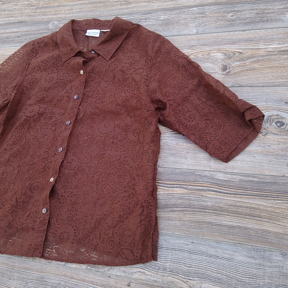 Brown Patterned Semi Sheer Button Down Front Blou… - image 3